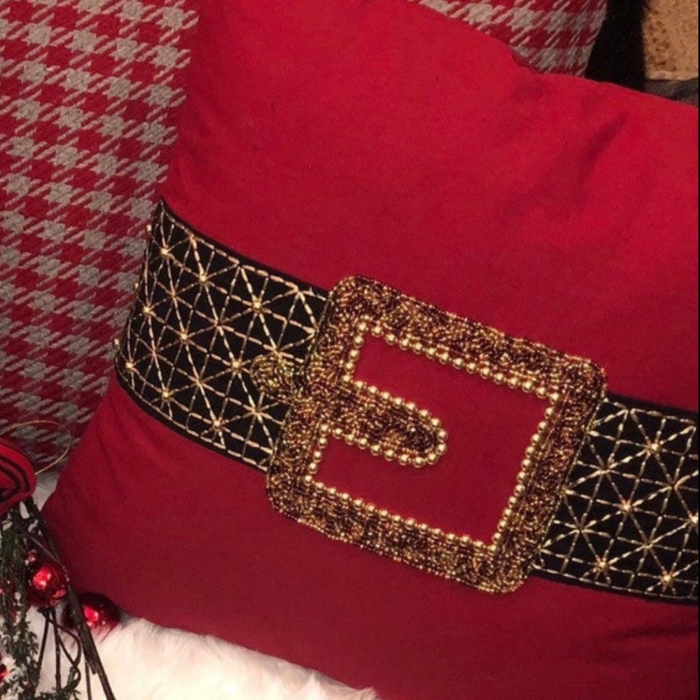 K&K Interiors Santa Belt Red and Gold Holiday Pillow